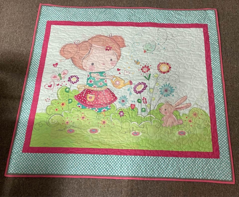 Patchwork Cot Quilt for Baby to Toddler or Machine Quilted Throw or Play Mat with Cute Girl and Rabbit playing in the Garden - Love Patchwork